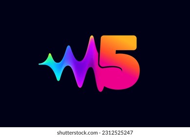 5 logotipo. Logotipo número cinco con elemento reproductor de música de pulso. Línea de flujo de ondas acústicas vibrantes y efecto de destellos. Icono de degradado de neón. Vector para tienda de tecnología, música electrónica, ecualizador de audio, afiches de DJ.