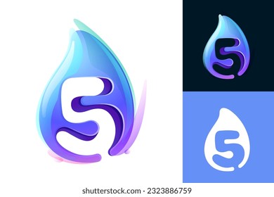 5 logo. Pure water drop number five logo. Eco-friendly 3D realistic icon. Wild wave initial in overlapping watercolor style. Dew droplet for healthy drink bottle emblem. Font for filter, nature art.