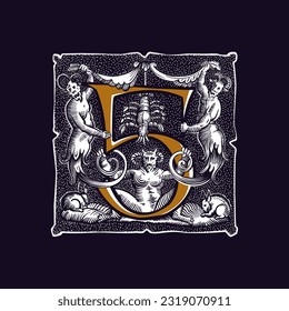 5 logo. Witchcraft number five sign. Gothic medieval initial. Devil, cancer and ghosts in hell. Engraving drop cap with dots pattern. Alchemy font for Halloween invitations, pagan black magic labels.