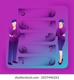 5 main steps for identifying problems and opportunities in the decision-making process. Glass morphism. Vector illustration.