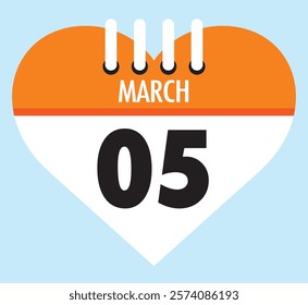 5 March calendar icon orange heart shape on light sky blue color background, calendar vector symbol for the month of March.