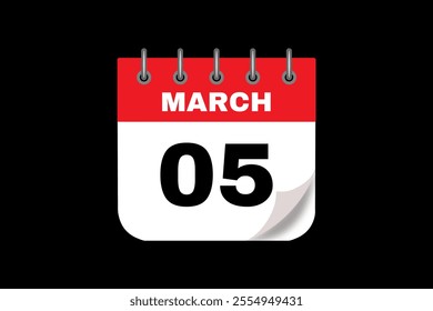 5 March calendar icon text page monthly web design on red, white and black background vector, icon, or illustration with the month of March 5