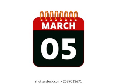 5 March calendar icon text page monthly web design on red, black and white background vector, icon, or illustration with the month of March 5