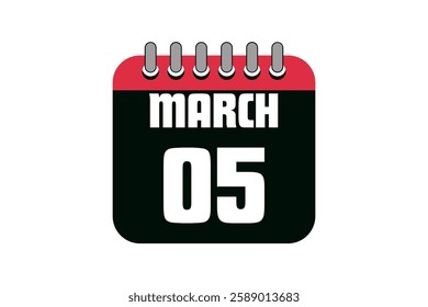 5 March calendar icon text page monthly web design on red, black and white background vector, icon, or illustration with the month of March 5