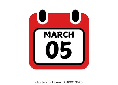 5 March calendar icon text page monthly web design on red, black and white background vector, icon, or illustration with the month of March 5