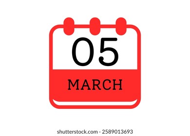 5 March calendar icon text page monthly web design on red, black and white background vector, icon, or illustration with the month of March 5