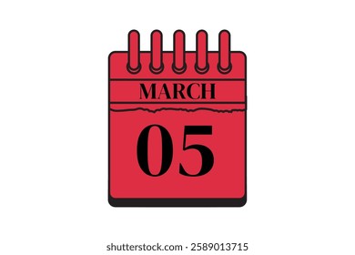 5 March calendar icon text page monthly web design on red, black and white background vector, icon, or illustration with the month of March 5