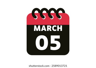 5 March calendar icon text page monthly web design on red, black and white background vector, icon, or illustration with the month of March 5