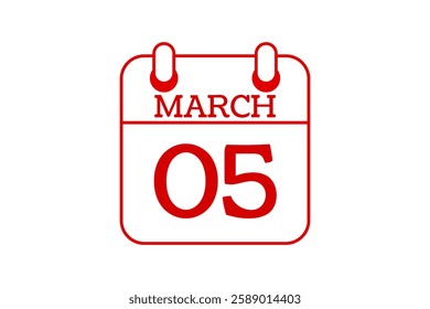 5 March calendar icon text page monthly web design on red and white background vector, icon, or illustration with the month of March 5