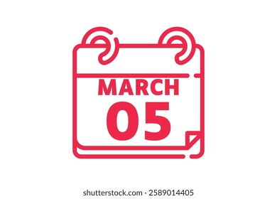 5 March calendar icon text page monthly web design on red and white background vector, icon, or illustration with the month of March 5