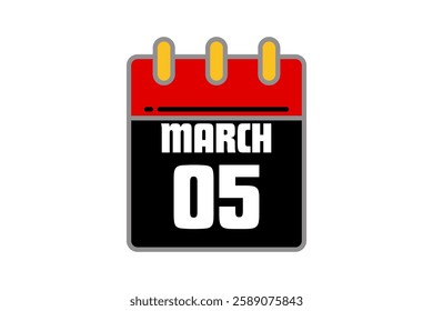 5 March calendar icon text page monthly web design on red, black, yellow and white background vector, icon, or illustration with the month of March 5