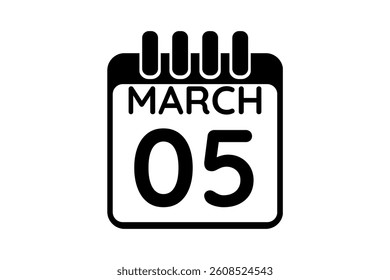 5 March calendar icon text page monthly web design on black and white background vector, icon, or illustration with the month of March 5