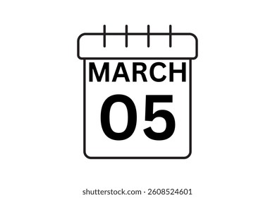 5 March calendar icon text page monthly web design on black and white background vector, icon, or illustration with the month of March 5