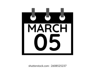 5 March calendar icon text page monthly web design on black and white background vector, icon, or illustration with the month of March 5