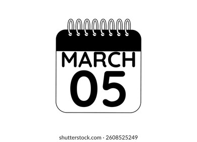 5 March calendar icon text page monthly web design on black and white background vector, icon, or illustration with the month of March 5