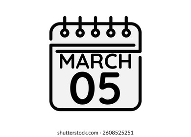 5 March calendar icon text page monthly web design on black and white background vector, icon, or illustration with the month of March 5