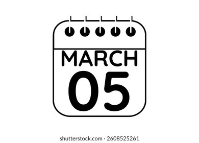 5 March calendar icon text page monthly web design on black and white background vector, icon, or illustration with the month of March 5
