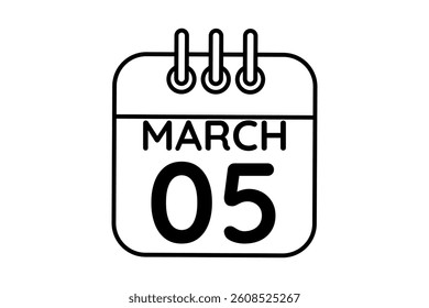 5 March calendar icon text page monthly web design on black and white background vector, icon, or illustration with the month of March 5