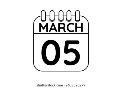 5 March calendar icon text page monthly web design on black and white background vector, icon, or illustration with the month of March 5