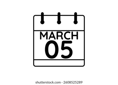 5 March calendar icon text page monthly web design on black and white background vector, icon, or illustration with the month of March 5