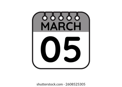 5 March calendar icon text page monthly web design on black and white background vector, icon, or illustration with the month of March 5
