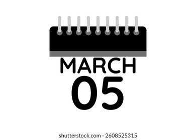 5 March calendar icon text page monthly web design on black and white background vector, icon, or illustration with the month of March 5