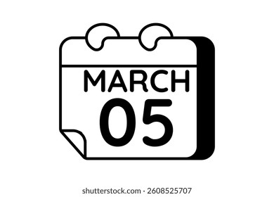 5 March calendar icon text page monthly web design on black and white background vector, icon, or illustration with the month of March 5