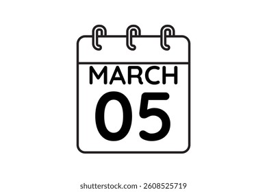 5 March calendar icon text page monthly web design on black and white background vector, icon, or illustration with the month of March 5