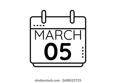 5 March calendar icon text page monthly web design on black and white background vector, icon, or illustration with the month of March 5