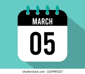 icono del calendario 5 de marzo. Vector negro para el mes de marzo con efecto de sombra