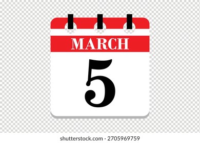 Vector Icono del calendario del 5 de marzo, ícono del calendario del mes de marzo de 5 fechas, ícono del calendario del 5 de marzo, ícono del calendario del Vector.
