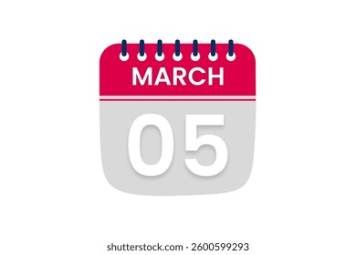 5 March month single day vector, illustration, calendar with red, off white and white color background calendar March 5