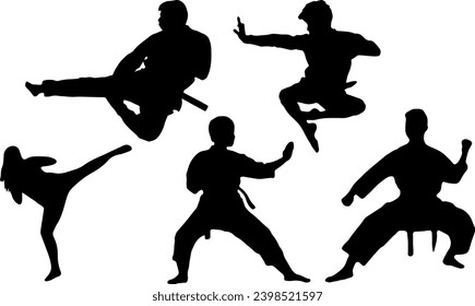 5 martial arts silhouette poses vector images.