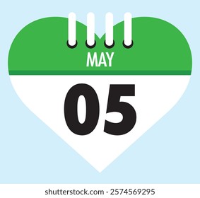 5 May calendar icon green heart shape on light sky blue color background, calendar vector symbol for the month of May.