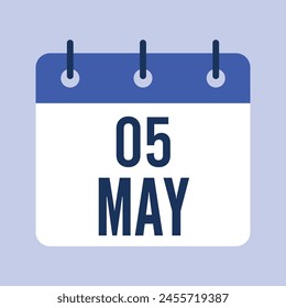 5 May Calendar, Isolated Vector Calendar Icon.