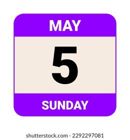 5 May, Sunday. Date template. Useful design for calendar or event promotion. Vector illustration EPS 10 File. Isolated on white background. 