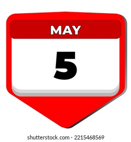 5 May vector icon calendar day. 5 date of May. Fifth day of May. 5th date number. 5 day calendar. Five date. Cinco de mayo