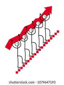 5 men carry a red arrow up the stairs. Symbol of growth, development and teamwork