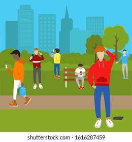 5 men walking outdoors in the park and using smartphone. Can be used for illustration of articles, blogs, websites, stickers, booklets, flyers, landings, messengers. Problem of phone addiction