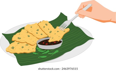 5 mendoan vector sprinkled with leek, a chili soy sauce on a side and green chili. Served on a plate wrapped with banana leaves. Consumed with a fork
