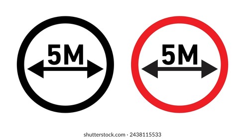 Señal de limitación de 5 metros. Restricción de distancia máxima de 5M. Símbolo vectorial para limitaciones de distancia.