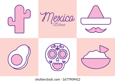 5 Mexican line style icon set design, Mexico culture tourism landmark latin and party theme Vector illustration