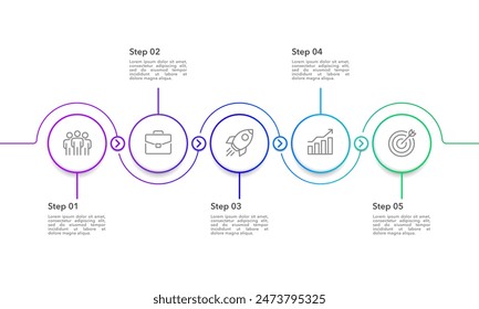 5 Meilenstein für den Erfolg des Unternehmens. Infographische Dünnlinienkurve mit Kreis-Design-Vorlage. Präsentation der Geschäftstätigkeit und Jahresbericht. Vektorillustration.