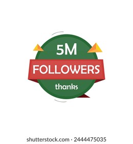 5 Million followers thank you label badge vector editing. 1k followers label isolated on white background. Editable EPS file in green and red colors theme.