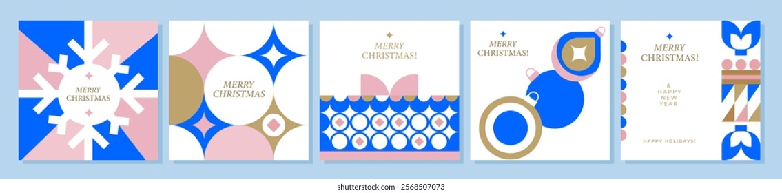 5 minimalist greeting cards. Aesthetic simple Christmas design with typography, snowflake, candy, toys, and gifts. 
Perfect for festive Christmas and New Year greetings, invitations or seasonal decor.