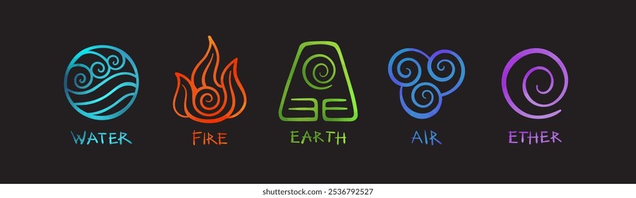 5 ícones minimalistas representando os elementos clássicos, cada um em cores diferentes água, fogo, terra , ar e éter, apresentando desenhos espirais e simbólicos. Trabalhada em formato vetorial para projetos de arte.