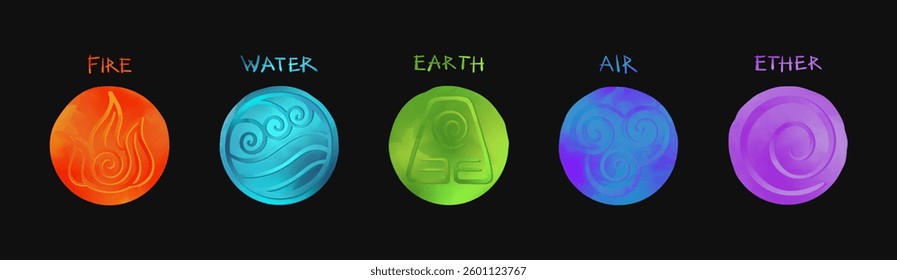 5 minimalist vector icons representing the classical elements, each symbol color coded with its name in English. Water, fire, earth , air, ether, featuring spiral and mystique colorful designs.