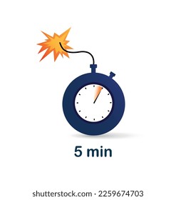 5 minute clock bomb. Time management and deadline pressure. Special marketing offer, discounts and promotions, limited edition. Poster or banner. Cartoon flat vector illustration