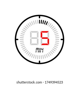 The 5 minute icon isolated on white background. stopwatch vector icon, digital timer. clock and watch, timer, countdown symbol. Vector illustration for logo, web, app, UI.