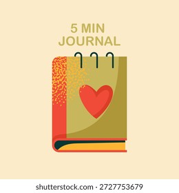 5 Minute Journal Vector Illustration with Heart Symbol on Cover, Spiral Bound Notebook for Gratitude, Mindfulness and Daily Wellness Planning. Mental wellness concept